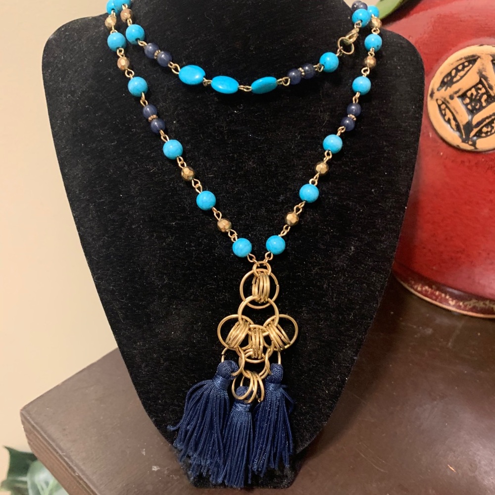 Turquoise and navy long beaded tassel necklace